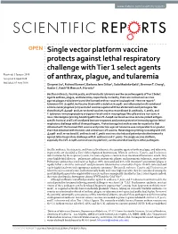 Single Vector Platform Vaccine Protects Against Lethal Respiratory Challenge with Tier 1 Select Agents of Anthrax, Plague, and T