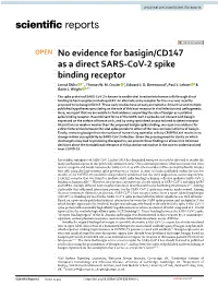No Evidence for Basigin/CD147 As a Direct SARS-Cov-2 Spike