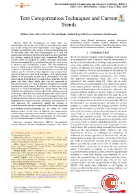 Text Categorization Techniques and Current Trends