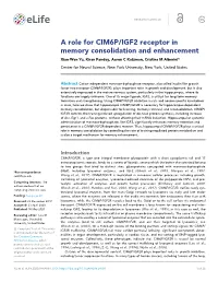 A Role for CIM6P/IGF2 Receptor in Memory Consolidation and Enhancement Xiao-Wen Yu, Kiran Pandey, Aaron C Katzman, Cristina M Alberini*