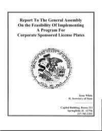 Report to the General Assembly on the Feasibility of Implementing a Program for Corporate Sponsored License Plates
