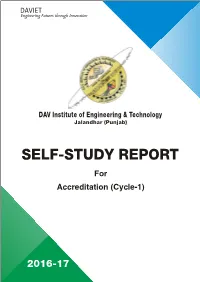 SSR) of DAV Institute of Engineering and Technology, Jalandhar That Has Been Serving the Cause of Technical Education for the Last 16 Plus Years