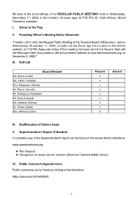 Minutes of the Proceedings of the REGULAR PUBLIC MEETING Held on Wednesday, November 11, 2020, in the Virtually Via Zoom App, at 7:00 PM