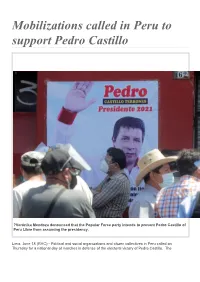 Mobilizations Called in Peru to Support Pedro Castillo