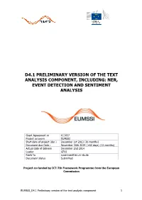 Preliminary Version of the Text Analysis Component, Including: Ner, Event Detection and Sentiment Analysis