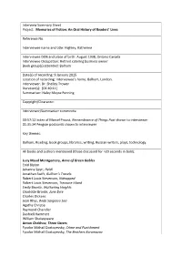Interview Summary Sheet Project: Memories of Fiction: an Oral History of Readers’ Lives