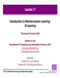 Introduction to Reinforcement Learning: Q Learning Lecture 17
