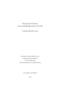 Writing Against the Reader: Poetry and Readership in France 1840-1880