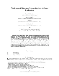 Challenges of Molecular Nanotechnology for Space Exploration