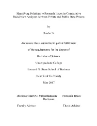 Identifying Solutions to Research Issues in Comparative Recidivism Analyses Between Private and Public State Prisons