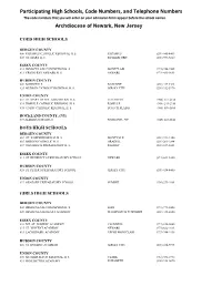 Participating High Schools, Code Numbers, and Telephone Numbers the Code Numbers That You Will Enter on Your Admission Form Appear Before the School Names