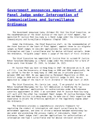 Government Announces Appointment of Panel Judge Under Interception of Communications and Surveillance Ordinance