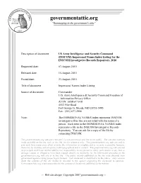 Impersonal Names Index Listing for the INSCOM Investigative Records Repository, 2010