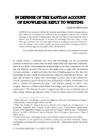 IN DEFENSE of the KANTIAN ACCOUNT of KNOWLEDGE: REPLY to WHITING Mark SCHROEDER