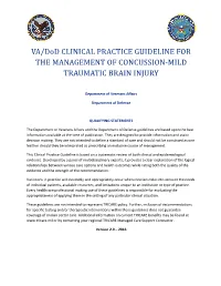 VA/Dod Clinical Practice Guideline for Management of Concussion/Mild Traumatic Brain Injury