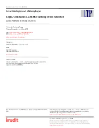 Logic, Community, and the Taming of the Absolute Leslie Armour Et Suzie Johnston