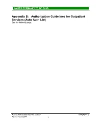 Appendix B: Authorization Guidelines for Outpatient Services (Auto Auth List) See the Following Page