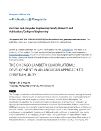 The Chicago-Lambeth Quadrilateral: Development in an Anglican Approach to Christian Unity