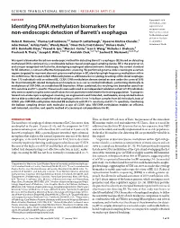 Identifying DNA Methylation Biomarkers for Non-Endoscopic Detection of Barrett's Esophagus Helen R