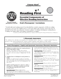 Reading First Program, US Department of Education Fred’S Phonograms® Explicit and Systematic Instruction: Reading Fluency K-1 1