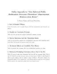 Online Appendix to “Can Informed Public Deliberation Overcome Clientelism? Experimental Evidence from Benin”