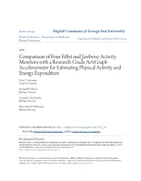 Comparison of Four Fitbit and Jawbone Activity Monitors with a Research-Grade Actigraph Accelerometer for Estimating Physical Activity and Energy Expenditure Mary T