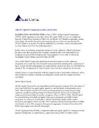 Allied Capital Comments on Recent Events