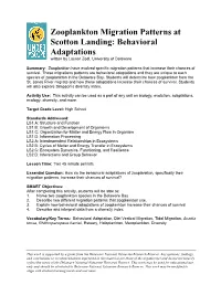 Zooplankton Migration Patterns at Scotton Landing: Behavioral Adaptations Written by Lauren Zodl, University of Delaware
