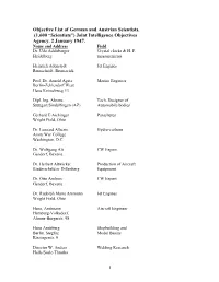 Objective List of German and Austrian Scientists. (1,600 “Scientists”) Joint Intelligence Objectives Agency