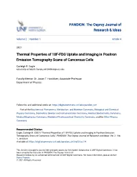 Thermal Properties of 18F-FDG Uptake and Imaging in Positron Emission Tomography Scans of Cancerous Cells