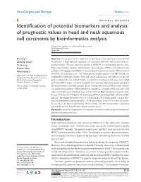 Identification of Potential Biomarkers and Analysis of Prognostic Values in Head and Neck Squamous Cell Carcinoma by Bioinformatics Analysis