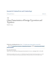 Class Characteristics of Foreign Typewriters and Typefaces David A