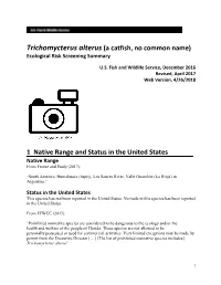 Trichomycterus Alterus (A Catfish, No Common Name) Ecological Risk Screening Summary