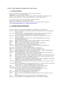 Prof. Dr. Andre Gingrich: Curriculum Vitae (Short Version)
