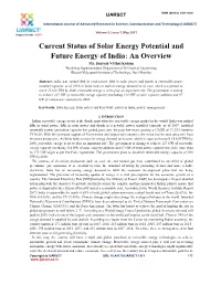 Current Status of Solar Energy Potential and Future Energy of India: an Overview Mr