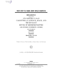 Deep Space Habitats Hearing Committee on Science, Space, and Technology House of Representatives