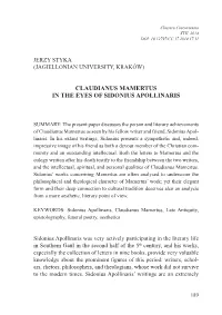Claudianus Mamertus in the Eyes of Sidonius Apollinaris