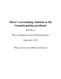 Marx's Accounting Solution to the Transformation Problem
