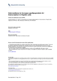 Interventions to Increase Apolipoprotein A-I Transcription in Hepg2 Cells