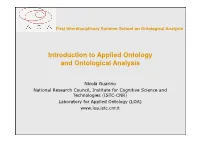 Introduction to Applied Ontology and Ontological Analysis