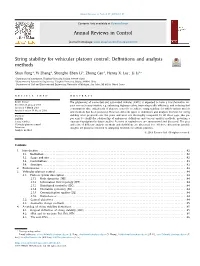 String Stability for Vehicular Platoon Control: Deﬁnitions and Analysis Methods