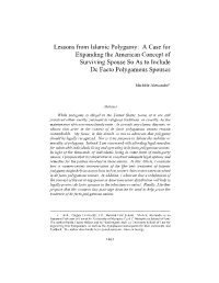 Lessons from Islamic Polygamy: a Case for Expanding the American Concept of Surviving Spouse So As to Include De Facto Polygamous Spouses