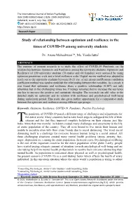 Study of Relationship Between Optimism and Resilience in the Times of COVID-19 Among University Students