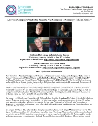 American Composers Orchestra Presents Next Composer to Composer Talks in January