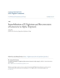 Immobilization of P. Digitatum and Bioconversion of Limonene to Alpha-Terpineol. Qiang Tan Louisiana State University and Agricultural & Mechanical College