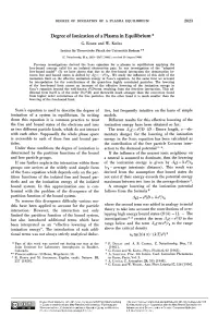 Degree of Ionization of a Plasma in Equilibrium *