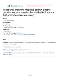 Functional Proximity Mapping of RNA Binding Proteins Uncovers a Mitochondrial Mrna Anchor That Promotes Stress Recovery