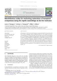 Rehabilitation Index for Evaluating Restoration of Terrestrial Ecosystems Using the Reptile Assemblage As the Bio-Indicator