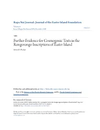 Further Evidence for Cosmogonic Texts in the Rongorongo Inscriptions of Easter Island Steven R