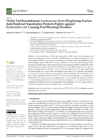 Orally Fed Recombinant Lactococcus Lactis Displaying Surface Anti-Fimbrial Nanobodies Protects Piglets Against Escherichia Coli Causing Post-Weaning Diarrhea